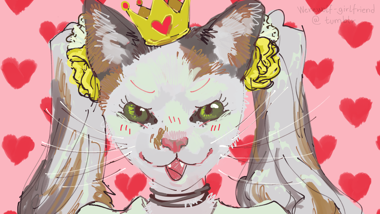 Redraw of Hatsune Miku from the World is Mine music video: an anthropomorphic calico cat with a little crown and pigtails has replaced Miku.